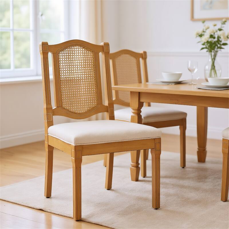 Solid Wood Dining Chair with Rattan Back and Cushioned Seat
