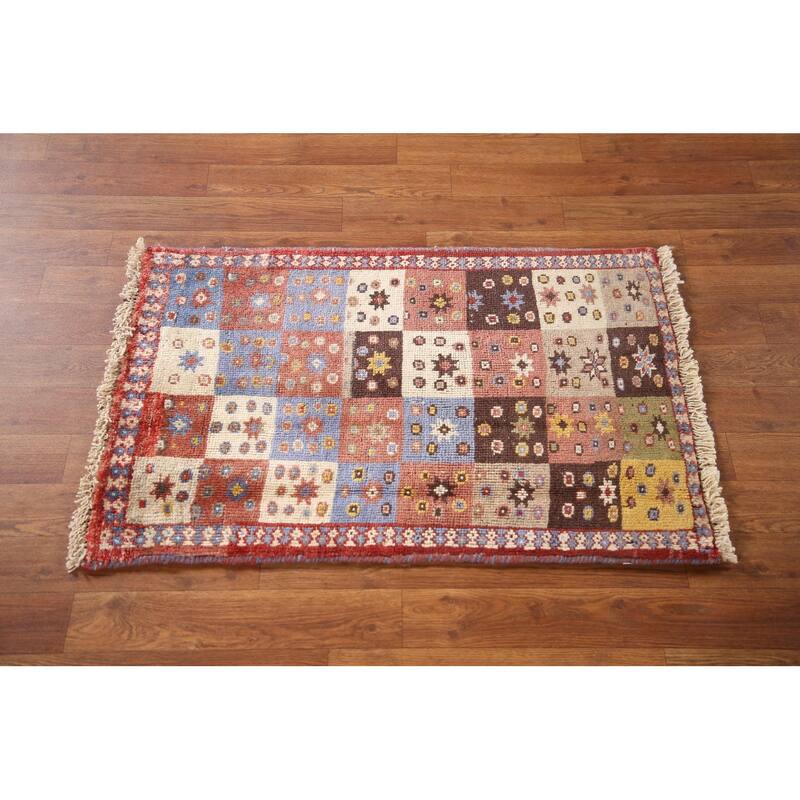 Geometric Yalameh Persian Vintage Area Rug Hand-knotted Wool Carpet - 1'11"x 3'0"