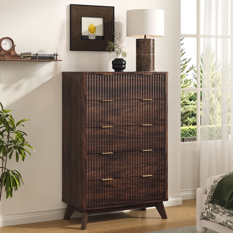 Modern 5 Chest of Drawers, Wood Dresser for Bedroom, Living Room - Dark Walnut