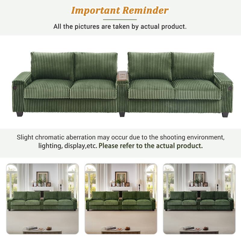133" Corduroy 4-Seater Sofa with USB Ports, Flip-Top Cup Holders, and Hidden Storage