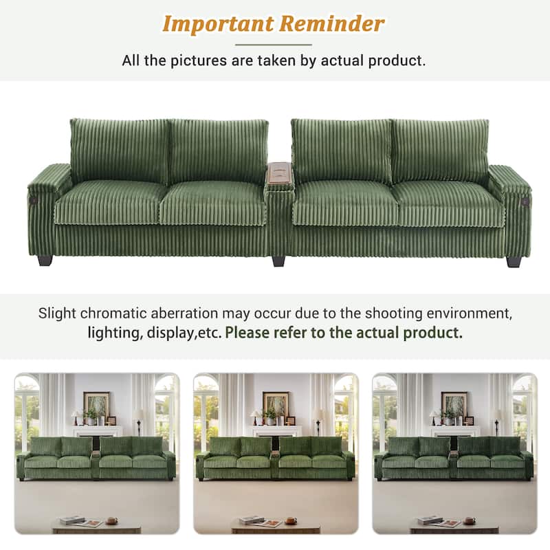 4 Seater Corduroy Sofa Couch with USB Ports and Storage Arms, 133" Modern Sofa with Side Pockets and Flip-Top Cup Holders