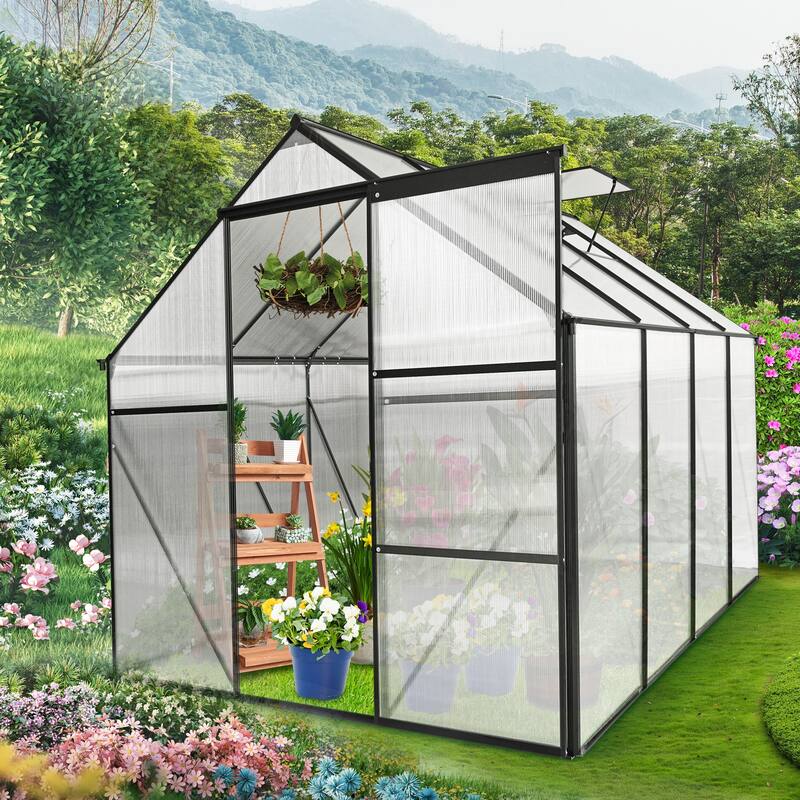 6x8 FT Polycarbonate Greenhouse Raised Base and Anchor Aluminum Duty Walk-in Greenhouses for Outdoor Backyard in All Season - Black