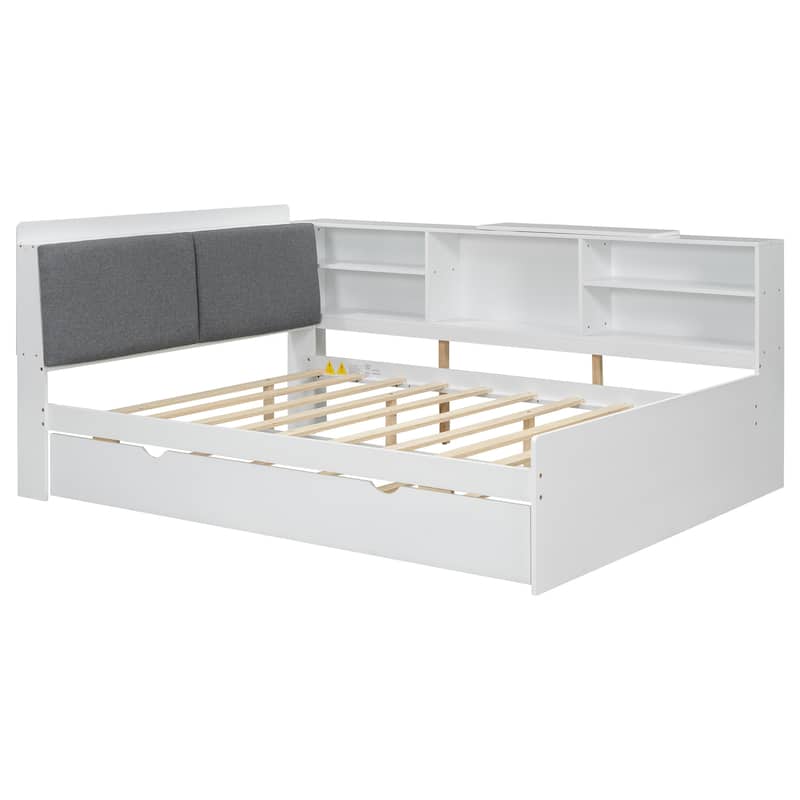 Wood Full Size Platform Bed with Trundle Storage Headboard and Shelves in Pine Wood - White - Full