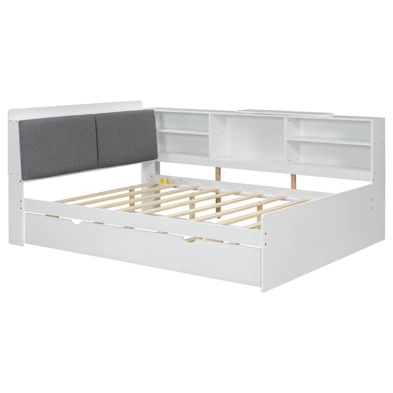 Wood Full Size platform bed with Trundle, Shelves and Storage Headboard