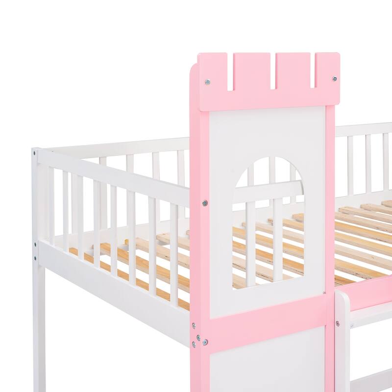 Fun Pink Castle Bunk Bed Twin Over Twin Wood Bed with No Slats Floor Bed, Guardrails, Door and Windows for Play or Sleep
