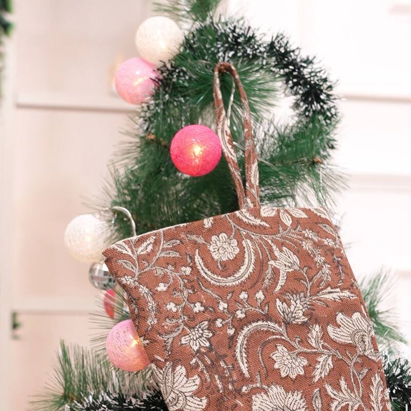 Fabdivine 16x6.5 Inches Hand Floral Block Print Christmas Stockings Tassle and Loop Perfect for Gift - 16"X6.5" - Kundanvan- Dark Brown, Grey - Christmas Stockings