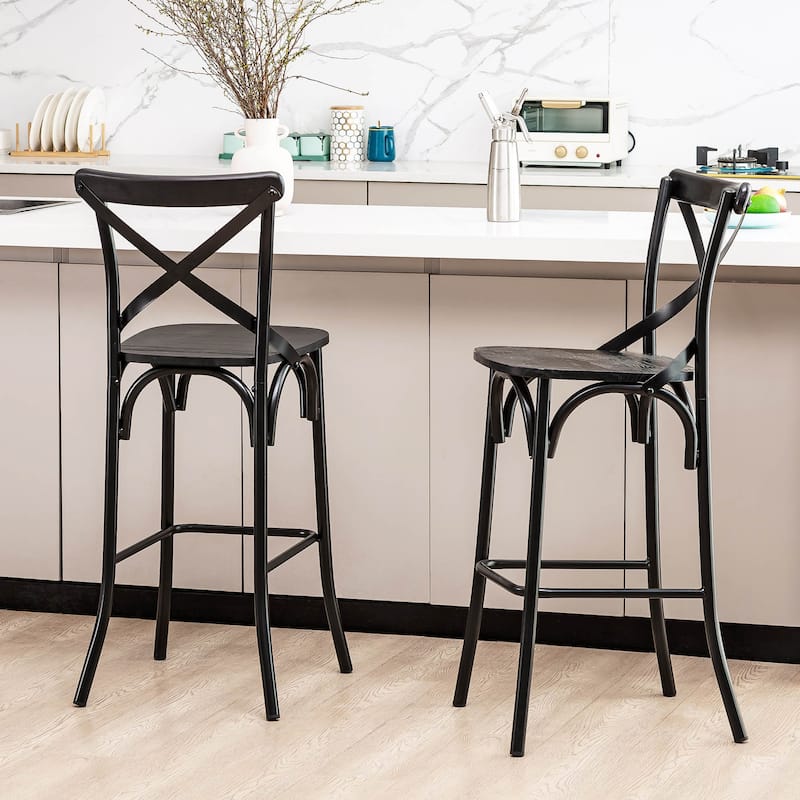 Glitzhome Industrial Metal Solid Elm Wood Seat Kitchen Bar Stool Chairs Set of 4