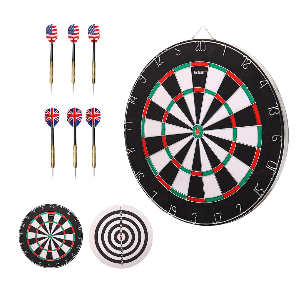 GSE™ 18" 2-in-1 Flocking Bullseye & Dart Board Games Set. Double-Sided Dartboard with six 17G Steel Tip Darts - 18-Inch