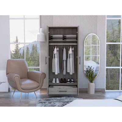 Rectangle Wooden 2-Door Armoire w/Drawers and Shelves & Hanging Rod