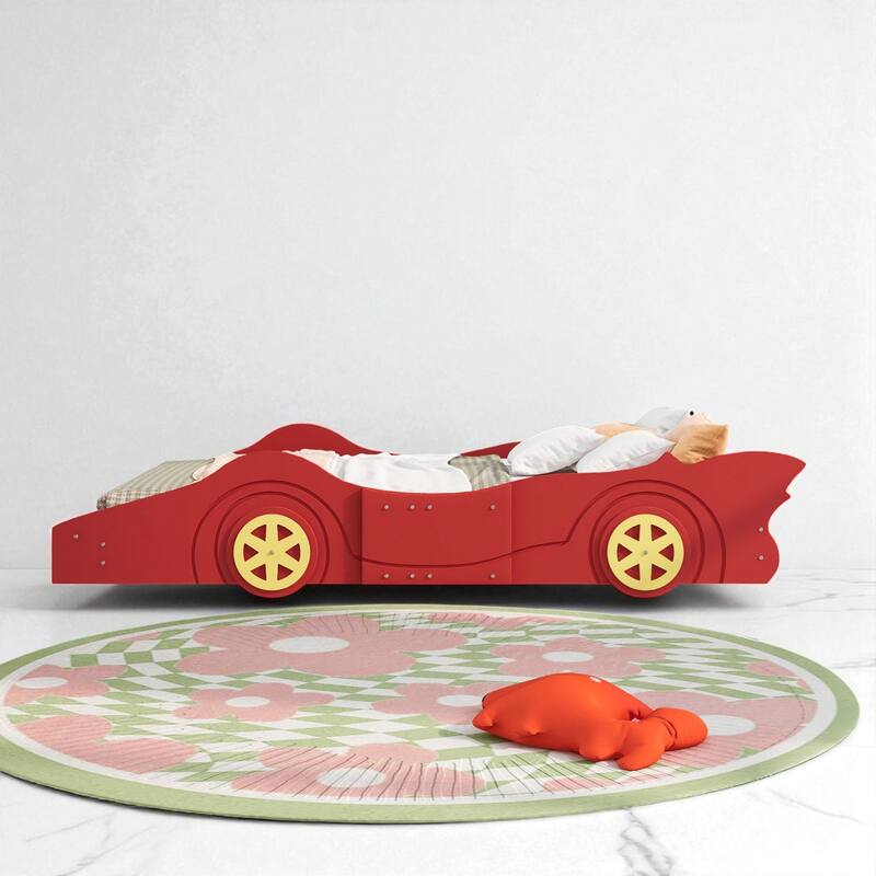 Twin/Full Size Race Car Platform Bed for Kids with Wheels and Side Rails, No Box Spring Needed
