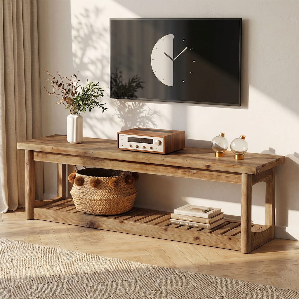 Solid Wood TV Stand for 27-70 Inch TVs with Open Storage, Low Media TV Console Table for Entertainment Center