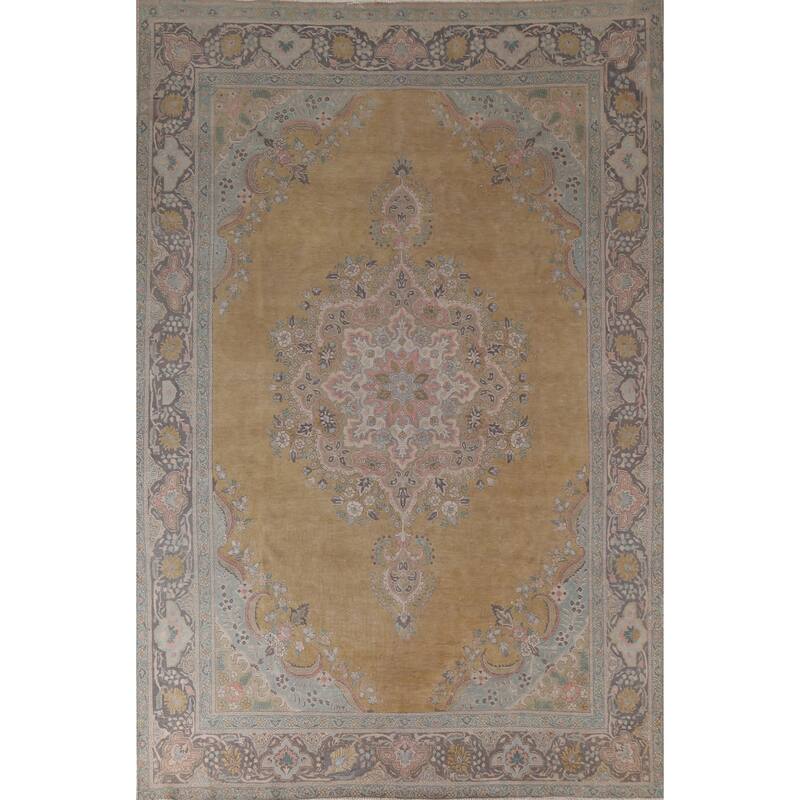 Hand Knotted Oriental 100% Wool Carpet Traditional Medallion Yellow & Gold Tabriz Area Rug - 11' 0'' X 8' 3''