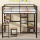 preview thumbnail 11 of 18, Full Size Loft Bed with Desk and Stool, Metal Loft Bed with Open-Style Wardrobe, Kid's Bed with Shelves and Cabinet, White Black