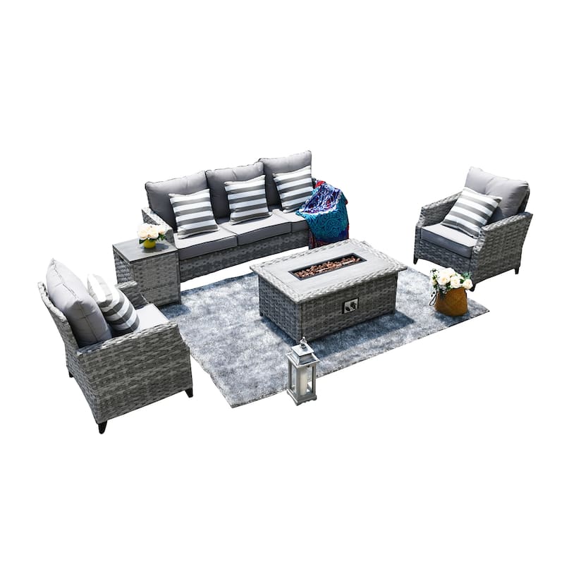 Abrihome 5-piece Wicker Patio Garden Furniture Sofa Set with Gas Fire Pit - Small