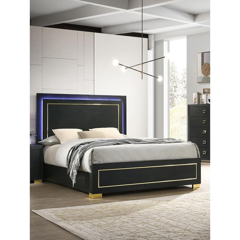 Queen Size Bed with LED Headboard, Black Finish, Gold Trim, Metal Legs