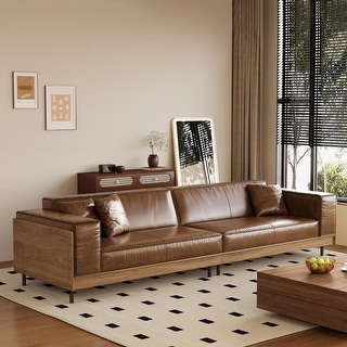 Mid Century Modern 4 Seat Leather Sofa with Wide Armrests - 111.81