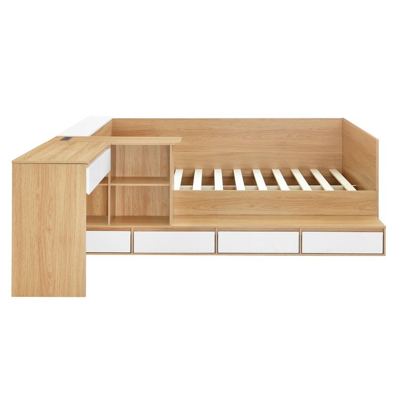 Wooden Platform Bed with L Shaped Dressing Table, Full Size Storage Bed Frame with 6 Drawers, Shelves and Storage Headboard