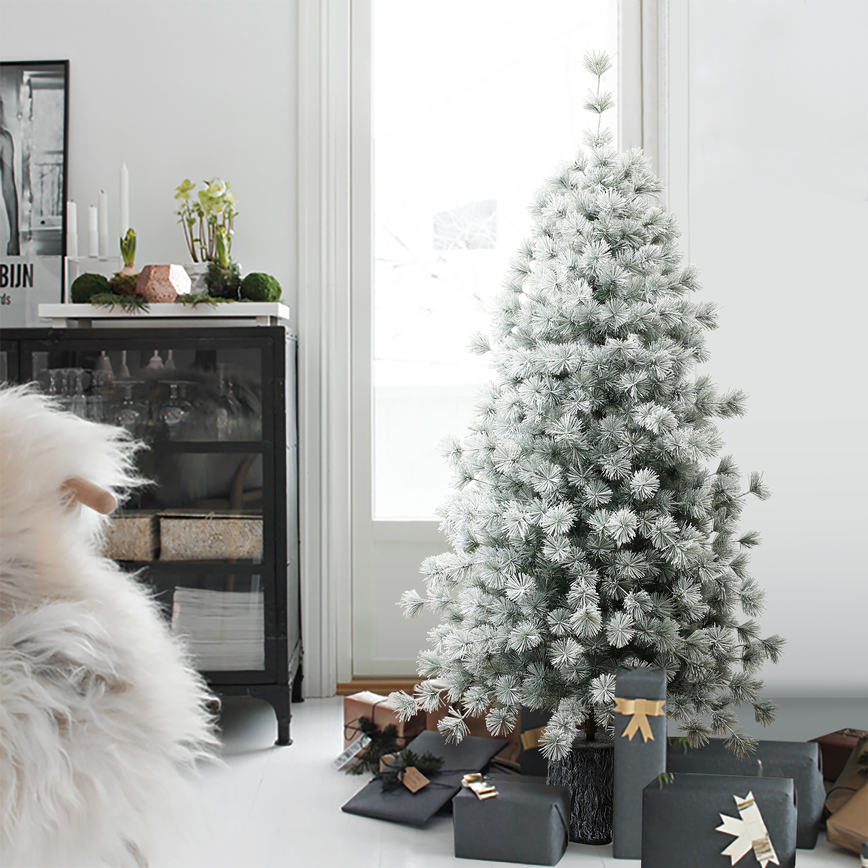 5.5Ft Snow Flocked Full Artificial Pine Needles Christmas Tree Potted - 66" H x 35.4" Diameter