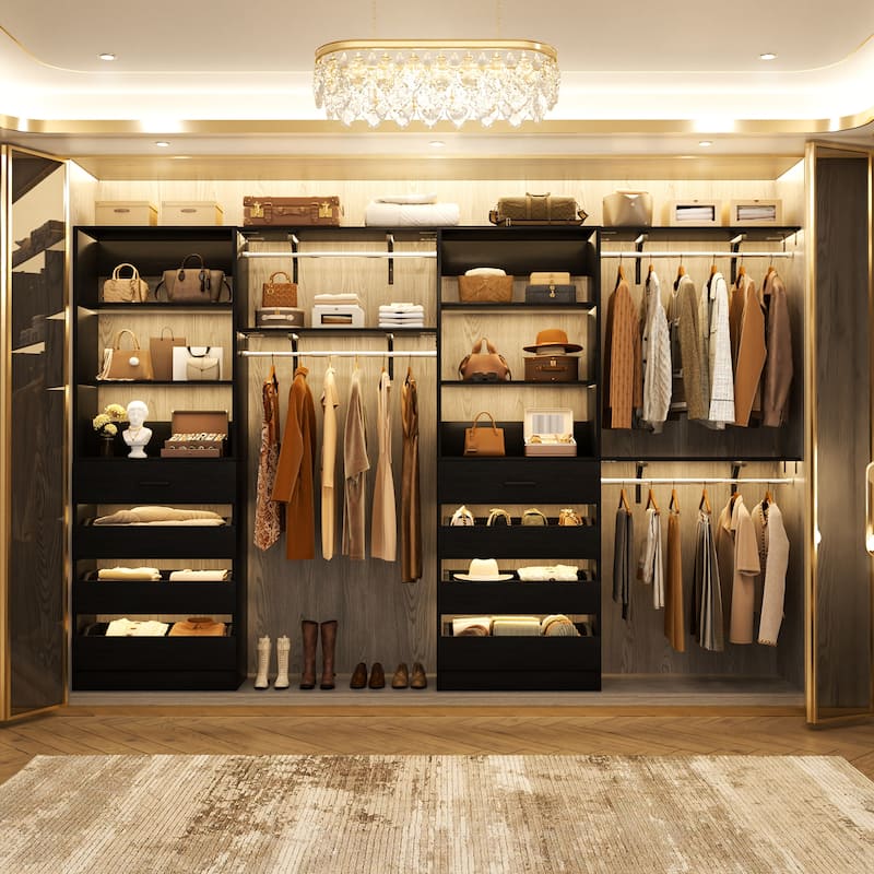 Set of 2 Closet System with Wooden Drawers and Hanging Rods, Closet Organizer with Adjustable Storage Shelves
