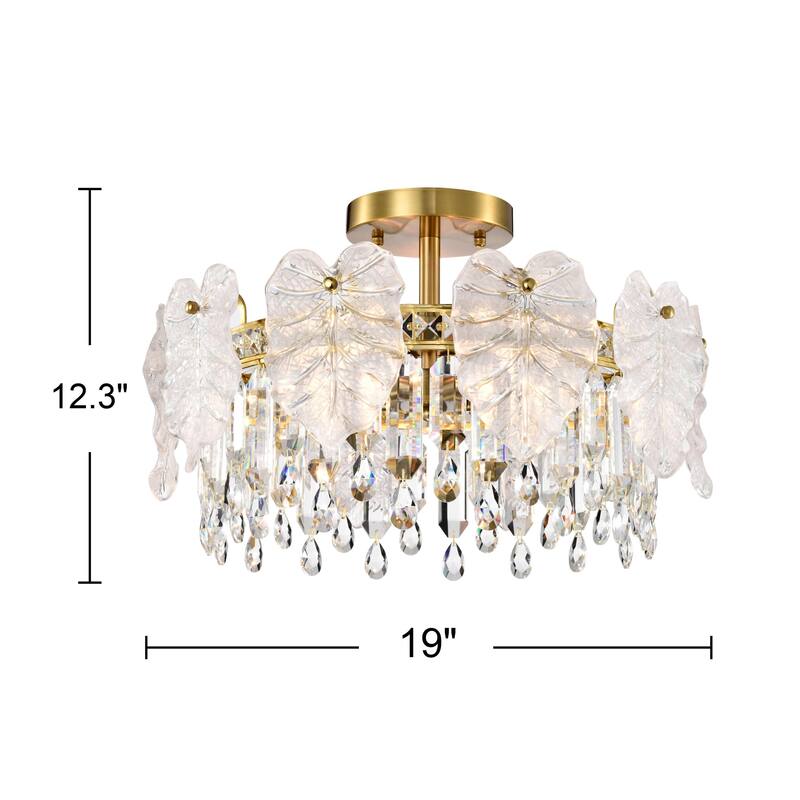 Alma 5-Light Brushed Shiny Brass Leaf-shaped Glass Crystal Flush Mount - 19 inches in diameter x 12.3 inches H