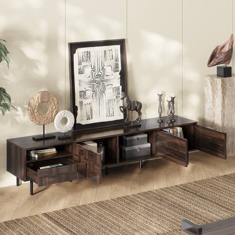 Modern Checkered Design TV Stand, Media Console, for 85/75/65-inch TVs with Storage, for Living Rooms, Walnut
