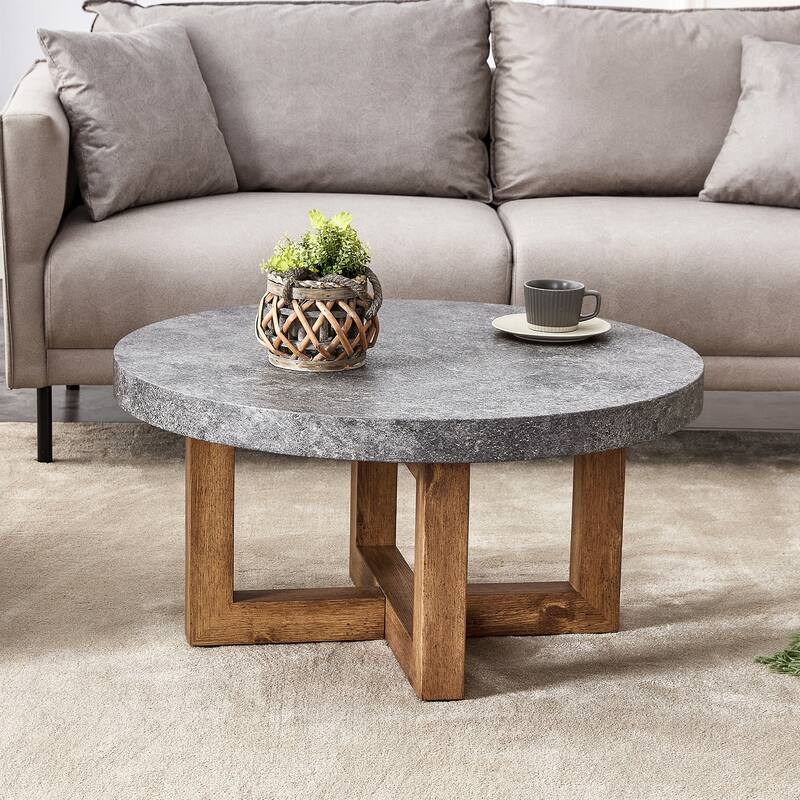 31.4" Modern Round Coffee Table with Gray Textured Tabletop and Anti-Slip Bottom Design - Gray