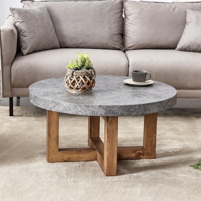 31.4" Modern Round Coffee Table with Gray Textured Tabletop and Anti-Slip Bottom Design