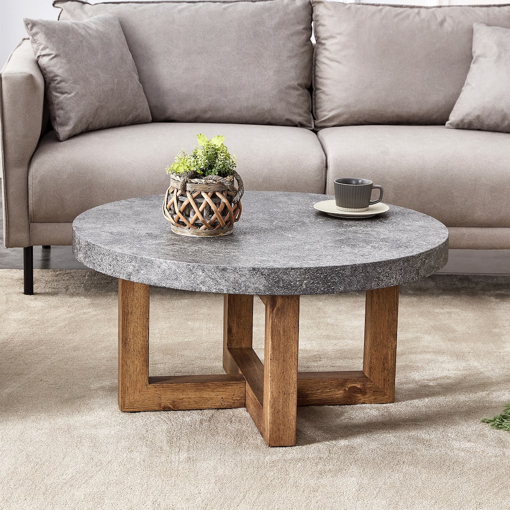Modern Retro Round Coffee Table with Gray Textured Stickers and Anti-Slip Mat Wood Grain Table Legs, for Living Room