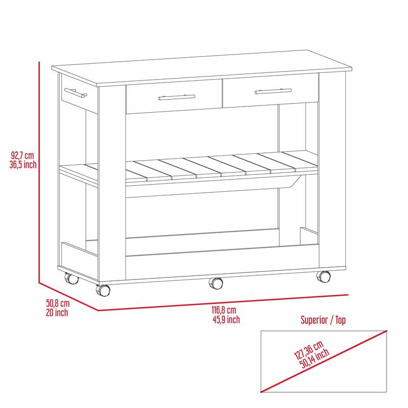 36" Kitchen Island with Storage Drawers, Casters, Towel Rack, White & Oak Finish, Modern Design