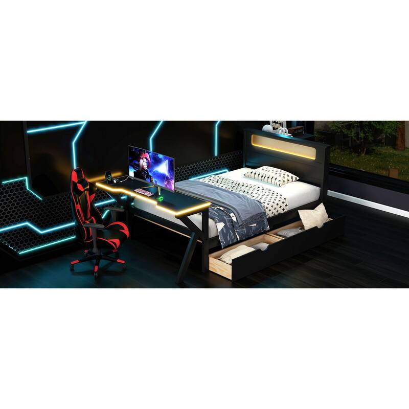 Roomfitters Twin/Full Wooden Gaming Platform Bed with LED Headboard, Desk and Drawers, Black