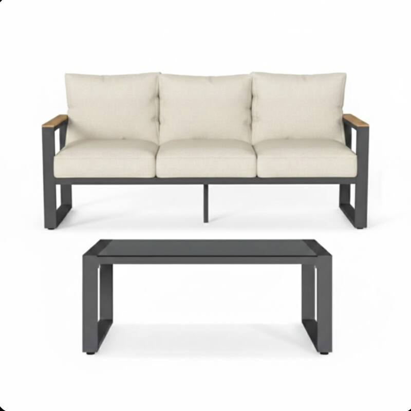 75" 3-Seat Aluminum Patio Sofa with Thick Beige Cushions Glass Coffee Table