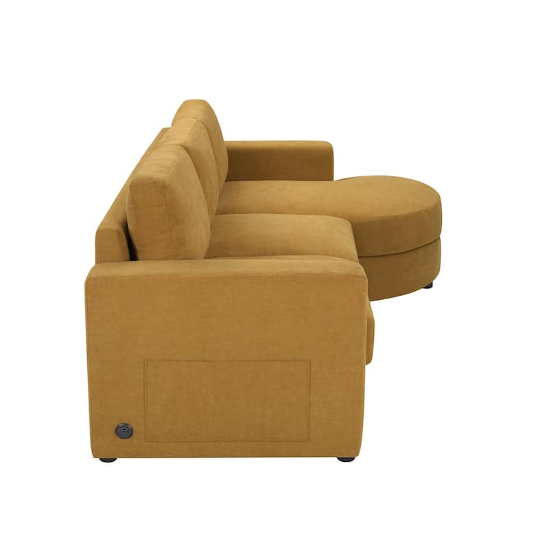Modern L-Shaped Sofa with Curved Chaise, USB Charging Ports & Storage Pockets for Small Space