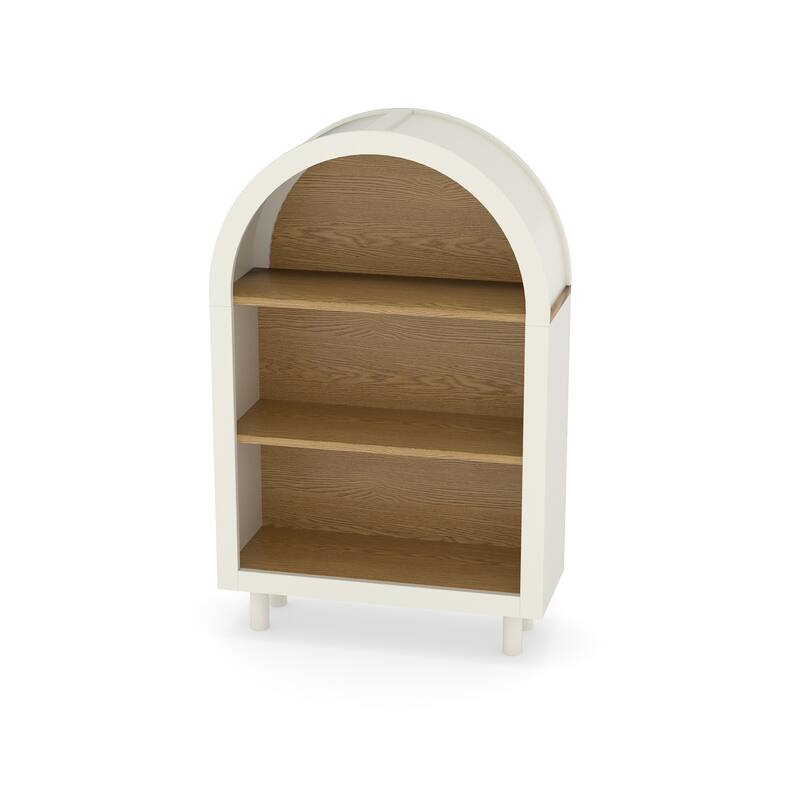 Anmytek Arched 3-Tier Bookcase, White with Woodgrain Shelves, Modern Storage Cabinet for Living Room Bedroom Entryway