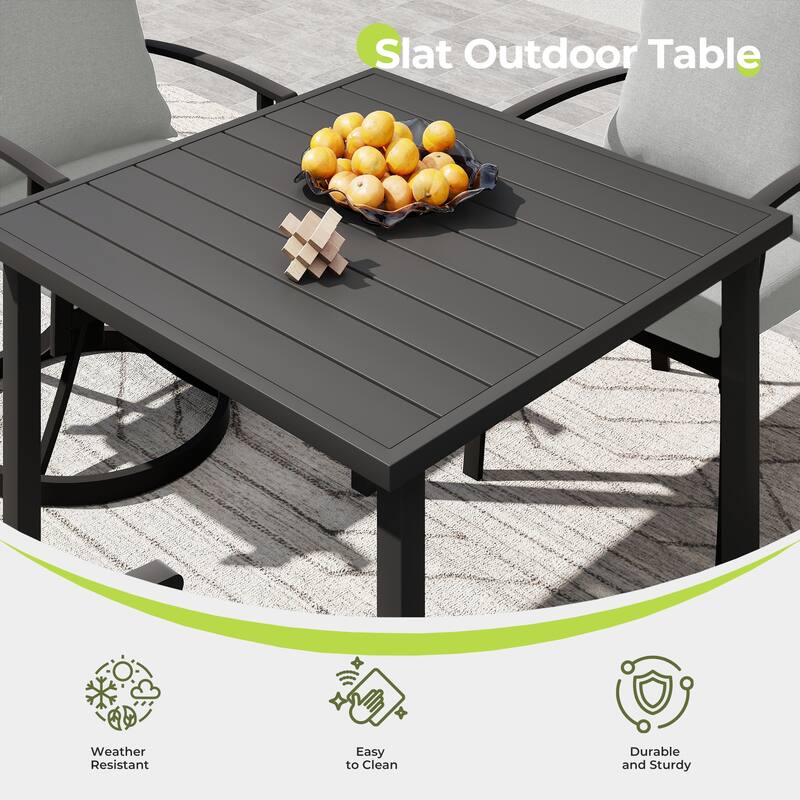 IvyGlow 5-Piece Black Metal Patio Dining Set with Square Table, 2 Swivel Dining Chairs and Gray Cushions