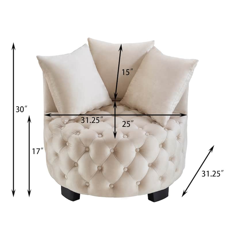 Velvet Upholstered Accent Chair, Button Tufted Round Club Chair, Lounge Reading Chair with 3 Pillows & Curved Back