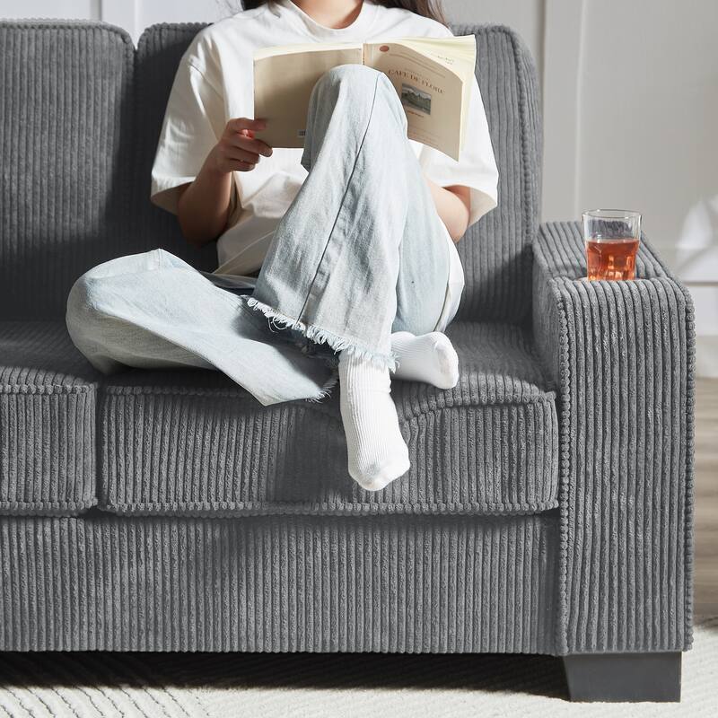 Corduroy Fabric Deep Seat Sofa, Cloud Sofa with Washable Backrest Cushion, 3 Seater Sofa with 2 Cup Holders & Square Arm