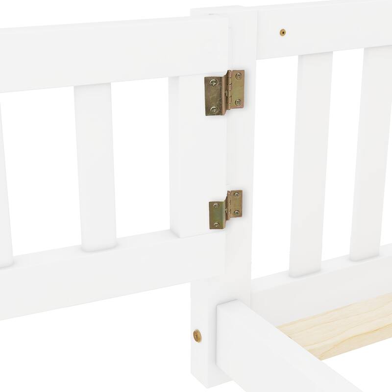 White Queen Size Pine Wood Floor Bed with Safety Guardrails and Door