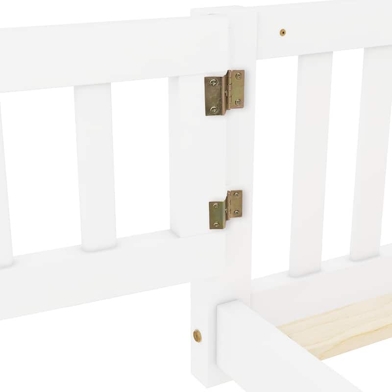 Wooden Floor Bed Frame with Safety Fence and Door, Removed Slat Design