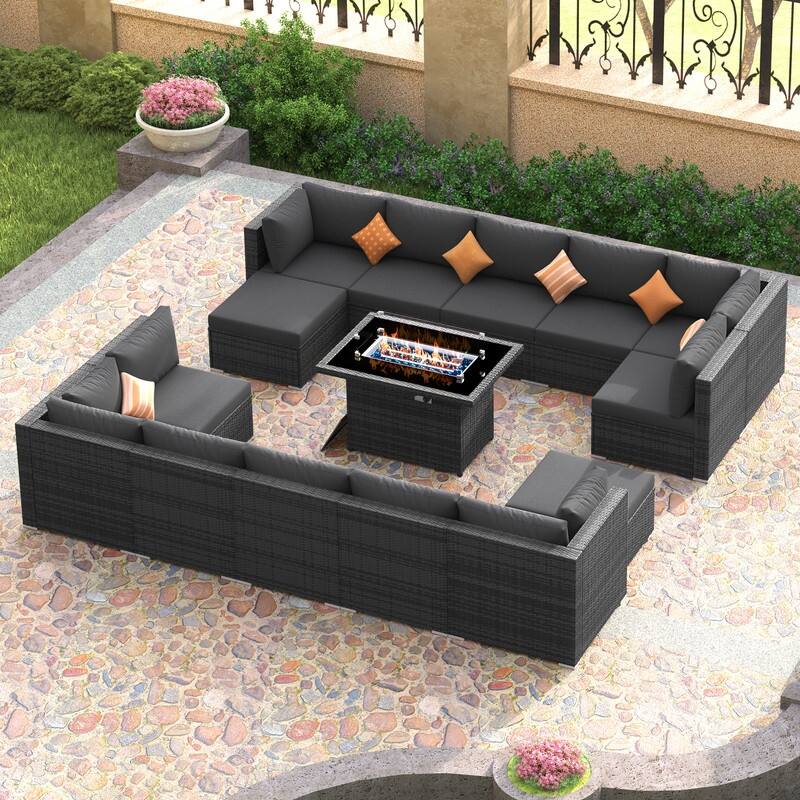 FINCATI Outdoor Grey Wicker Sectional Furniture Patio Sofa Set with Firepit Table - 15 PCS - Dark Grey