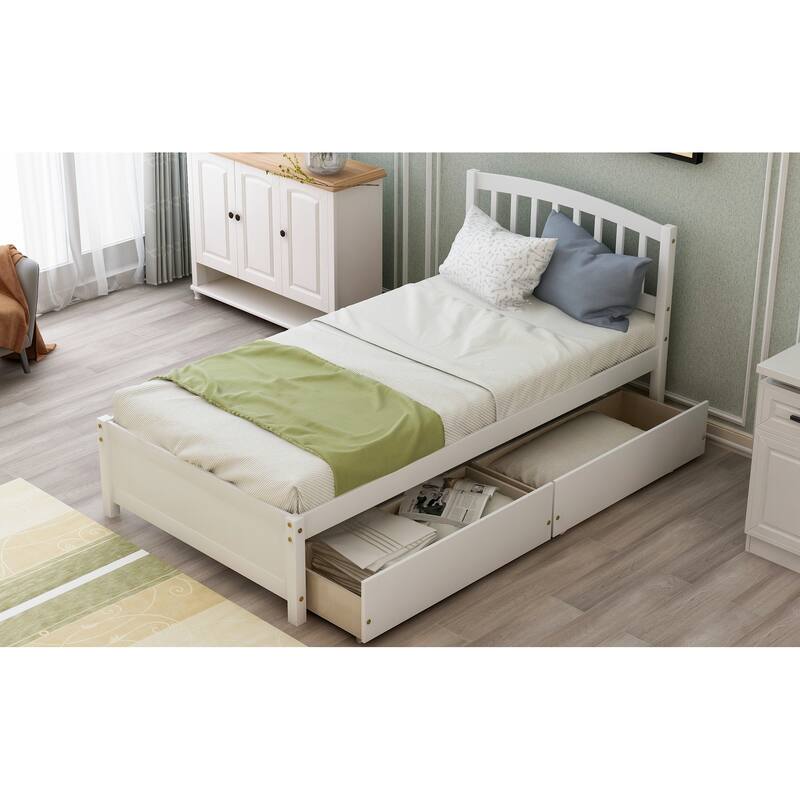 Twin Platform Storage Bed with Two Drawers and Headboard, White
