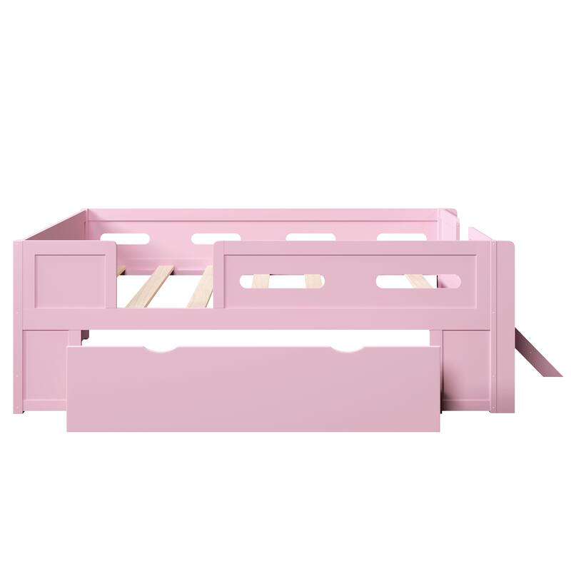 Kids Low Loft Bed with Stairs, Large Drawer and Guardrail, Semi-Enclosed Fence Platform Toddler Bed, Wooden Storage Daybed
