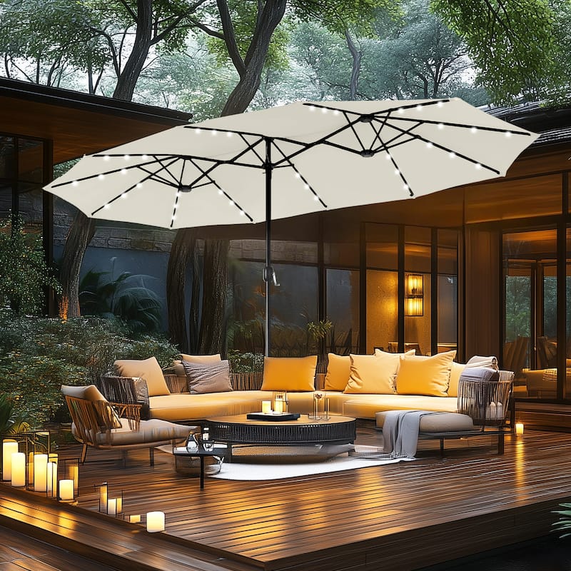 MAISON ARTS 15-foot Rectangular Crank Double-sided Outdoor Market Umbrella Solar LED Lighted Patio Umbrella with Base Included - Ivory