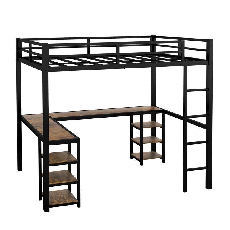 Metal Loft Bed with Desk and Shelves, Ladder, and Guardrails