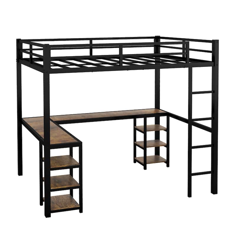 Twin XL Size Metal Loft Bed with Desk, Shelves & Guardrails
