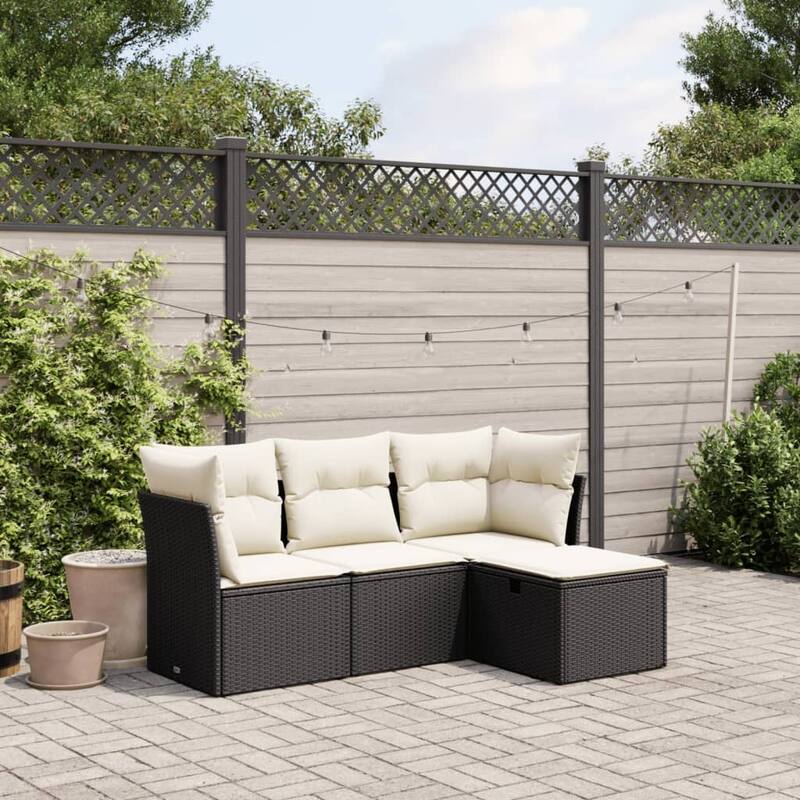 vidaXL Patio Sofa Set with Cushions Outdoor Furniture 4 Piece Poly Rattan - Black and cream without storage