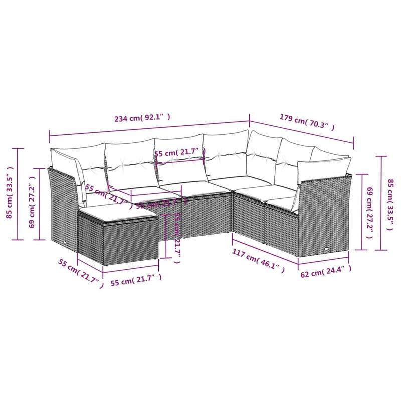 vidaXL 7/8 Piece Patio Sofa Set with Cushions Black/Brown/Gray Poly Rattan