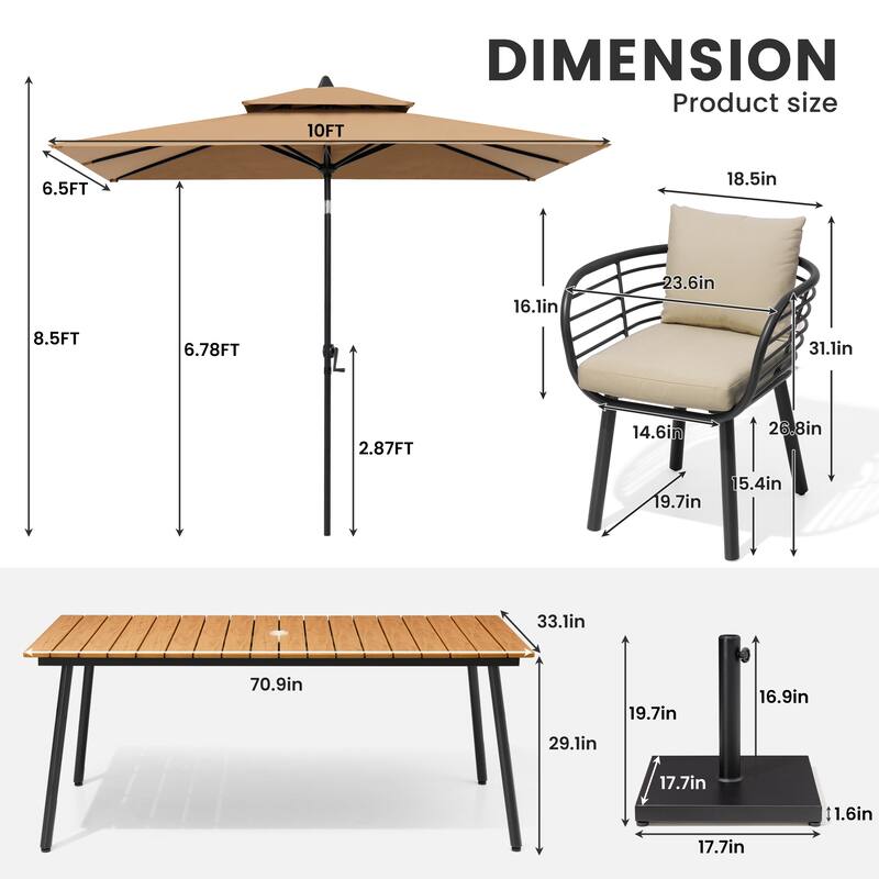 9/11-PieceOutdoor Patio Dining Set with Sunbrella Cushions Aluminum Dining Table and Chairs w/10 ft Umbrella and Base