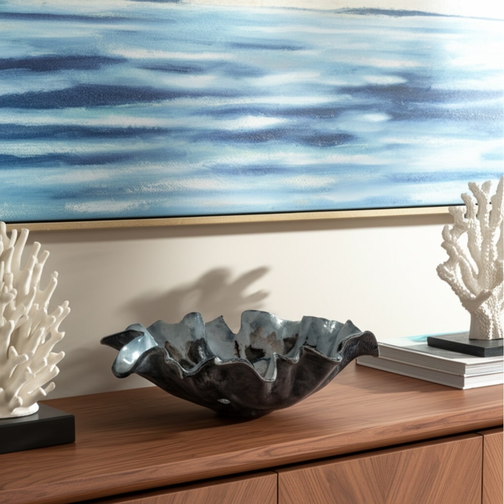 Metal Bowl Ruffled Coastal Modern for Home Office Bedroom - 5" Blue - 16.0"