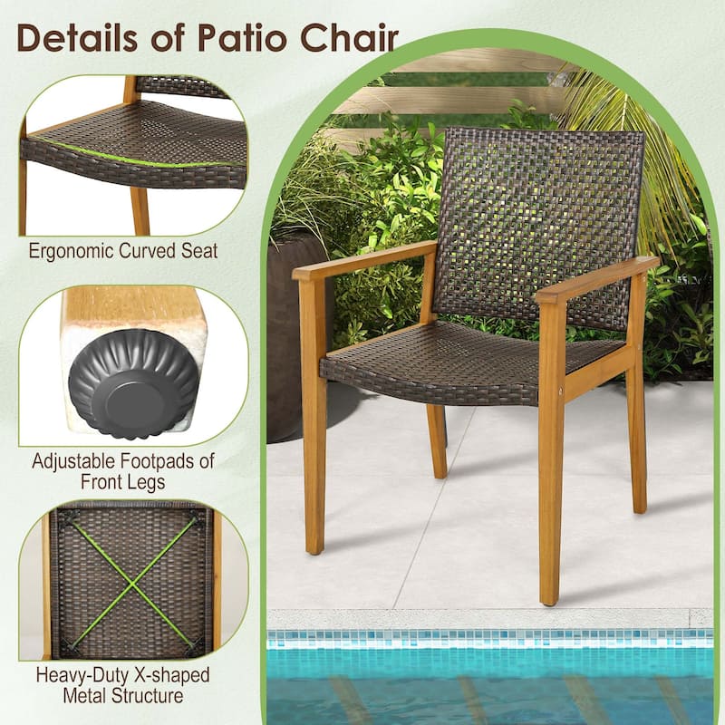 Set of 4 Outdoor Patio Dining Chairs Acacia Wood Rattan Armchairs