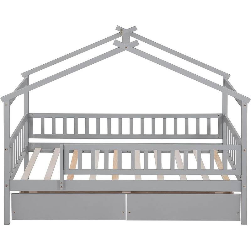 Twin House Bed with 2 Storage Drawers,Rails and Roof for Kids
